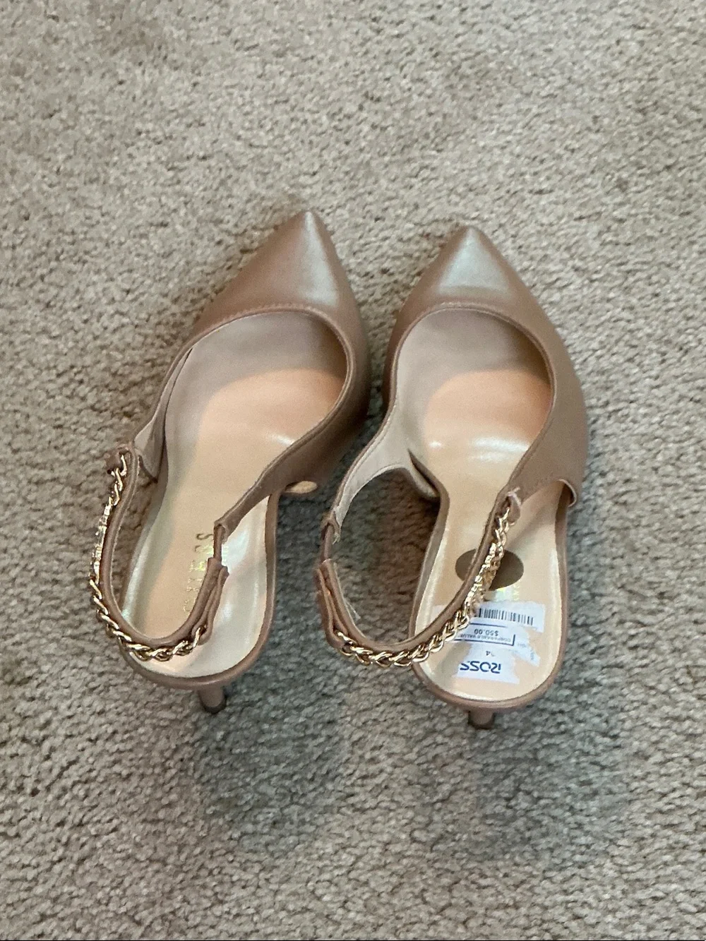 Guess Pointed Toe Slingback Heels in Tan  with Gold Chain